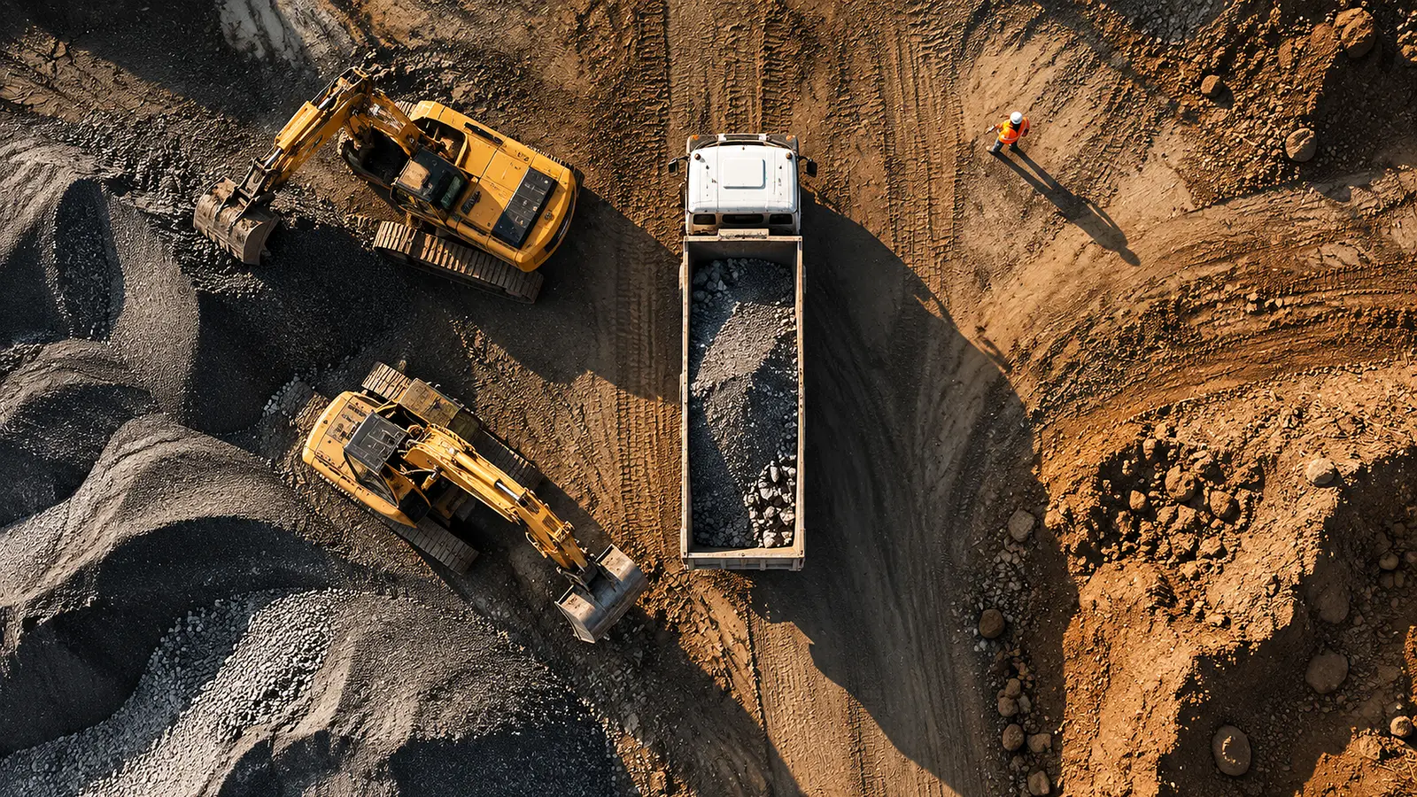 Vue zénithale d’un site d’exploitation avec engins, camions et opérateurs