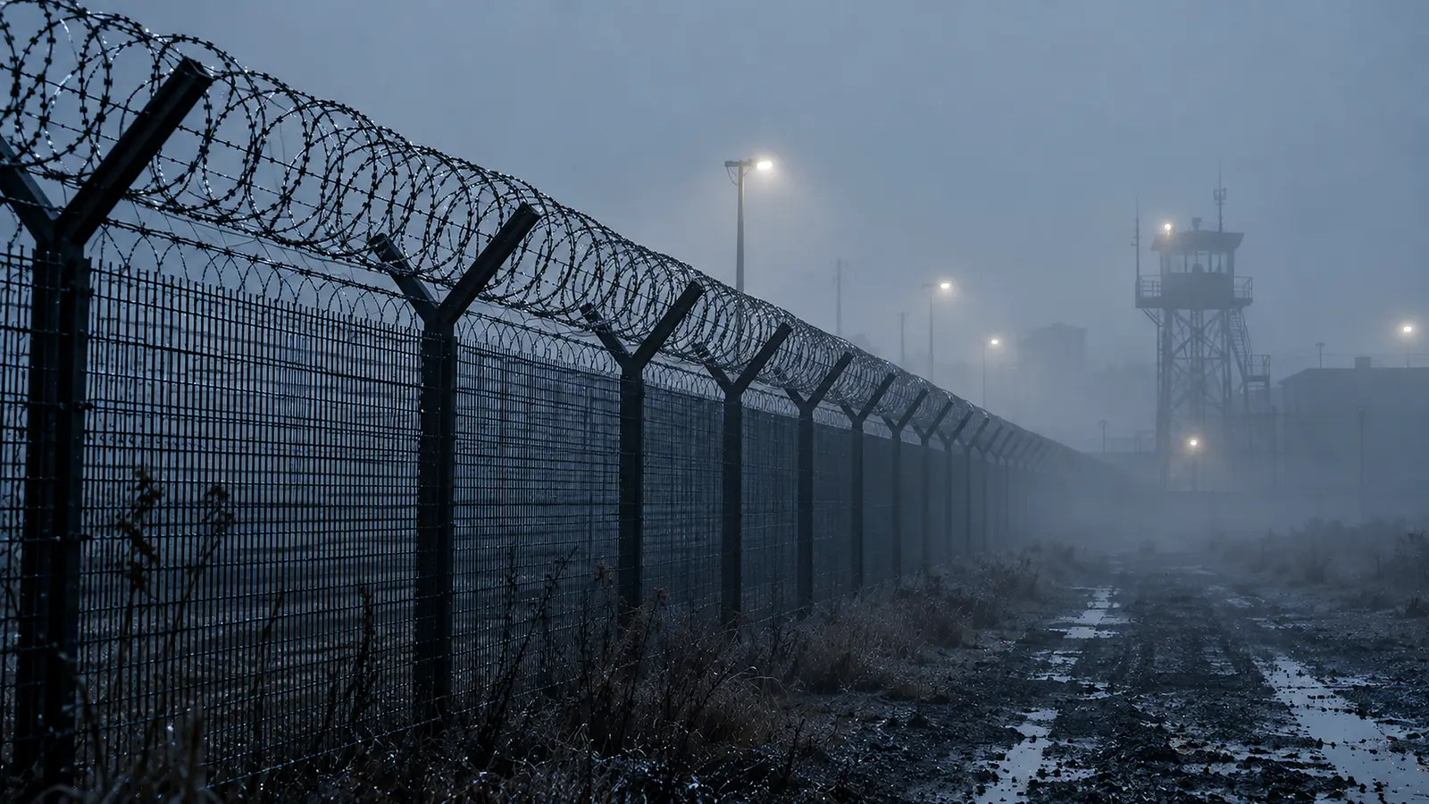 Clôture de périmètre sécurisé dans la brume