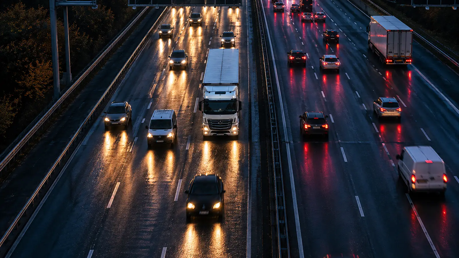 Axe routier de nuit vu d’un portique, flux de véhicules